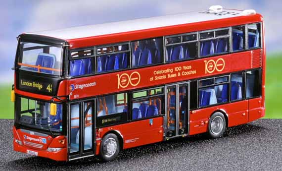 Scania Omnidekka dual-door in Stagecoach London colour with special `Scania 100 Years' special decorations
